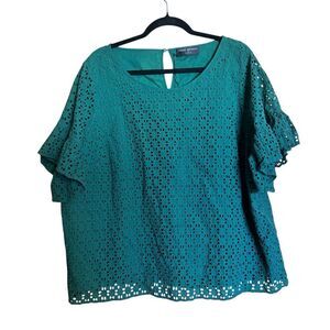 Lane Bryant Top Womens 26 Green Eyelet Short Sleeve Ruffle Short Sleeve Blouse